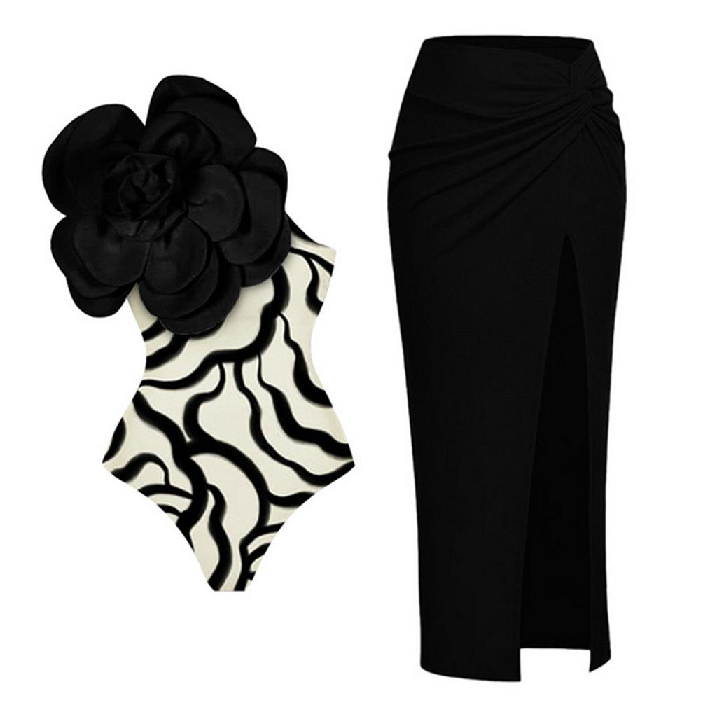 2024 New Sexy 3D Flower One Shoulder Swimsuit and Skirt Women Bikini Set Printed Ruffle Bikinis Swimwear Brazilian Biquini Bathing Suit Summer