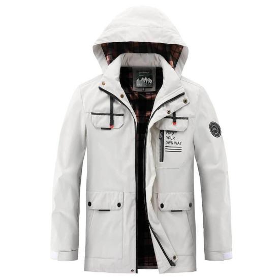 Men Zipper Buttons Placket Casual Windbreaker Jacket Lapel Hooded Long Sleeve Multi Pockets Design Waterproof Outdoor Soft Shell Winter Coat