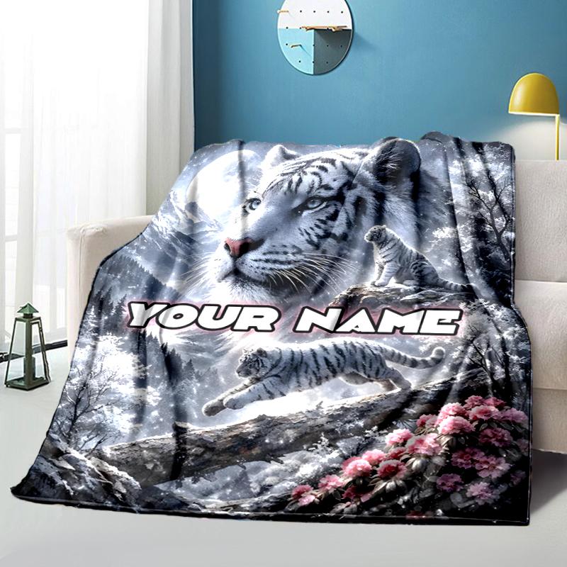 1PC Custom Name White Tiger Snowy Landscape outdooor Flannel blankets Throw Blanket All-Season Throw Gift Bedspread for Couch, Bed, Camping Holiday Bi