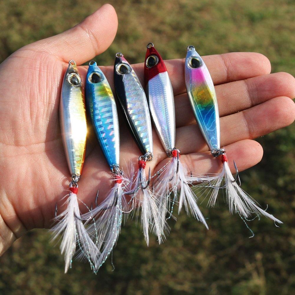 5Pcs Jigs Fishing Lures Sinking Metal Spoons Micro Jigging Bait with Free Plastic Tackle Box