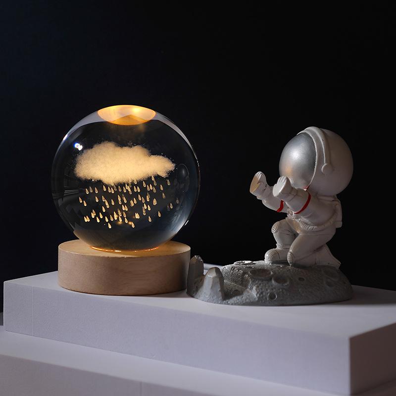 3D Галактика Резной Хрустальный Шар Ночник с Деревянной Подставкой - Светящееся Украшение Подарок на День Рождения