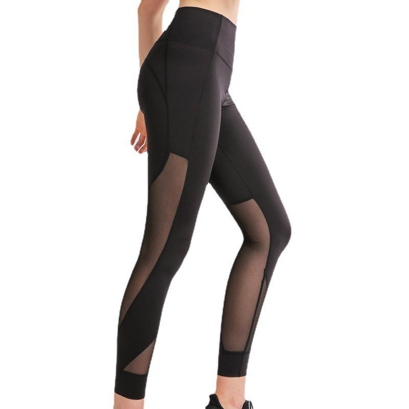 New women's running sports pants, high-intensity fitness hollow-out mesh tight quick-dry high-waist stretch nine-point yoga pants