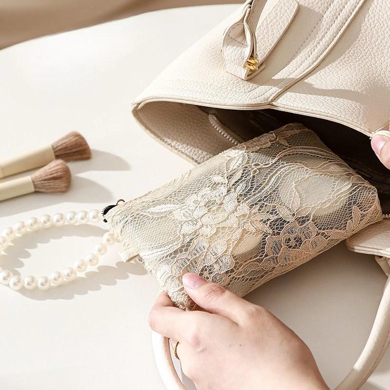 Lace Flower Small Makeup Bag with Pearl Chain Women Cosmetic Pouch Travel Organizer Handbag Portable Phone Keys Coin Purse Case