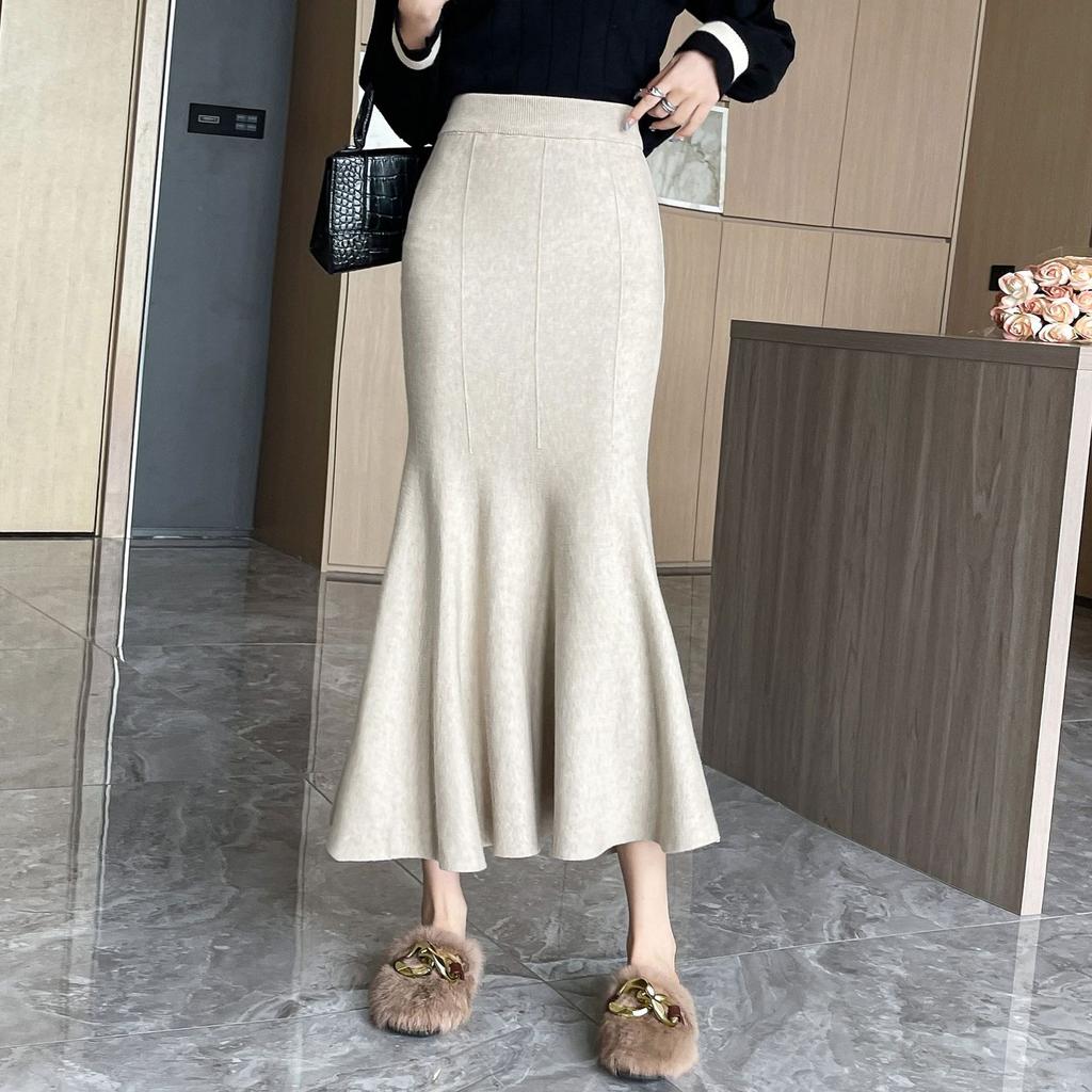Autumn Winter Streetwear Knitted High Waist Package Hip Skirt Korean Fashion Fishtail Skirt Elegant Office Lady Long Skirt Women