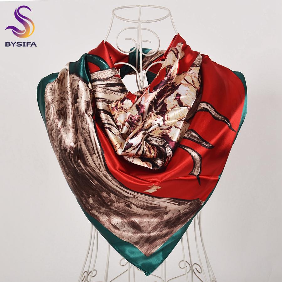 [BYSIFA] Navy Blue Chinese Roses Large Square Scarves New Female Elegant Large Silk Scarf Fashion Ladies Accessories 90*90cm