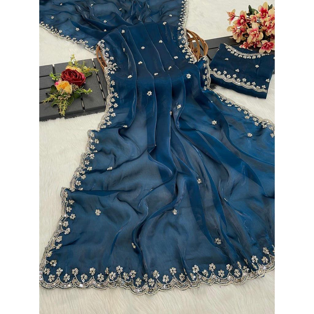 Последнее новое свадебное сари Тяжелая вышивка Настоящий Wal и Moti с пайетками*