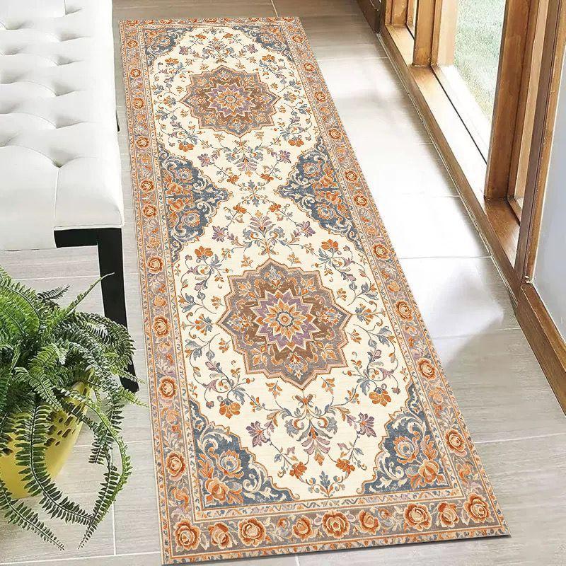 Retro Ethnic Style Runner Rug Anti-Slip and Stain-Resistant Entrance Hall Floor Mat Bedroom Kitchen Rug Home Decoration