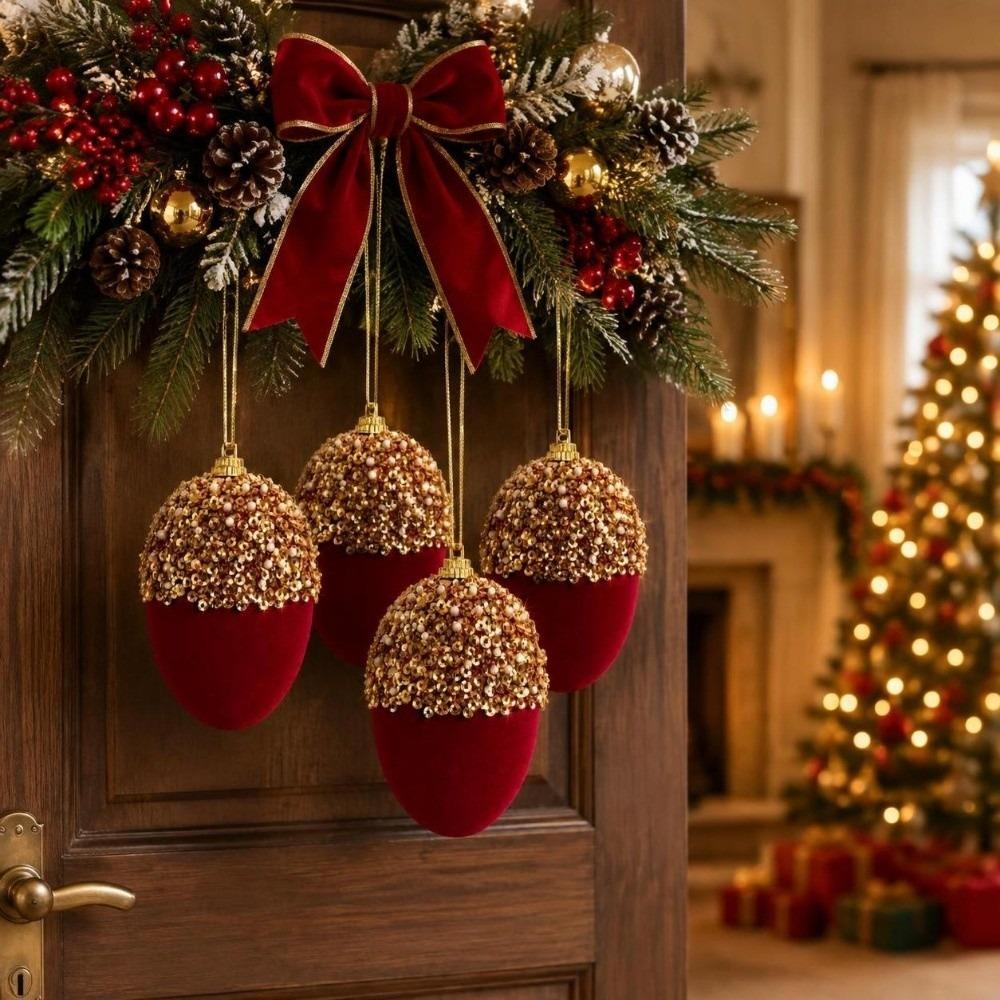 4pcs Gold Sequins Christmas Tree Decor Acorn Shape Hanging Pendant Christmas Ball Ornament New Year