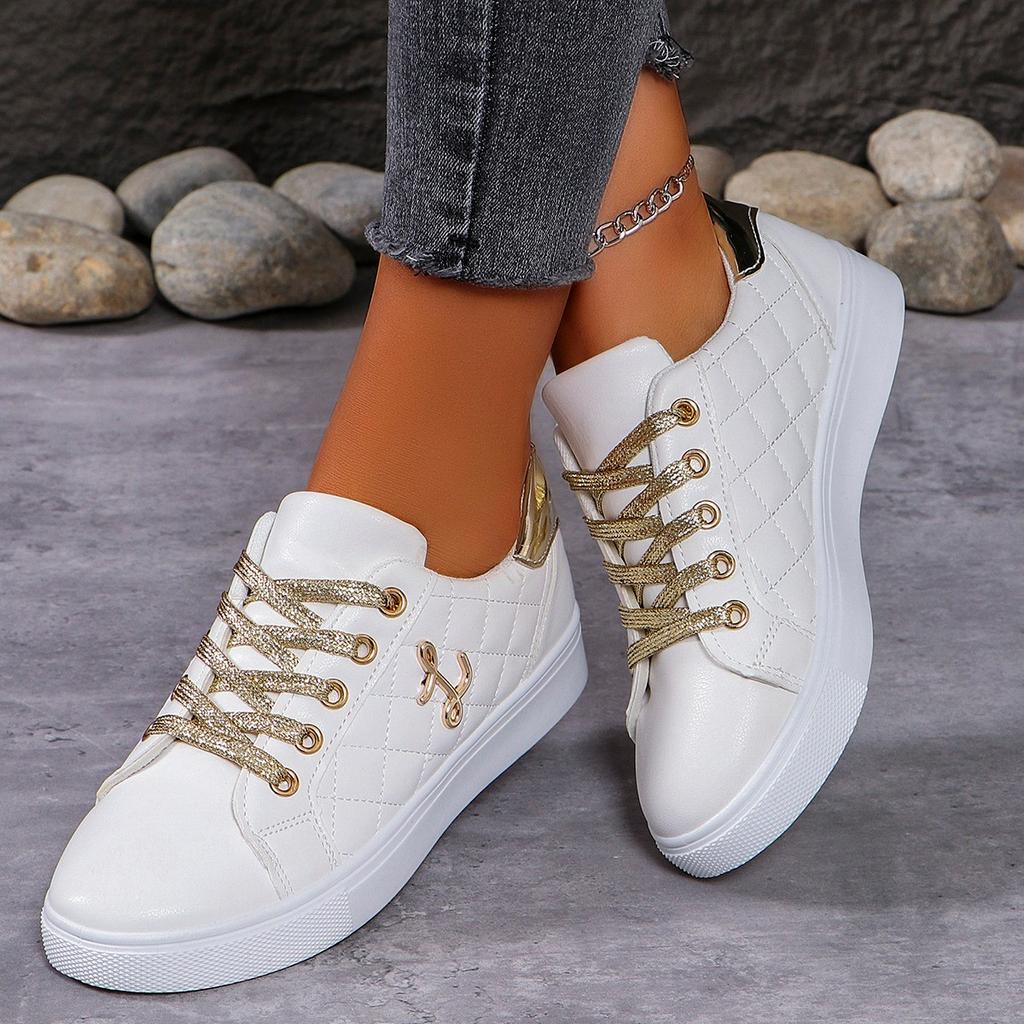 Women's Sneakers Fashion Golden Shoelaces Flat Woman Soft Sole Casual Walking Vulcanized Shoes Women Sneakers Zapatos De Mujer