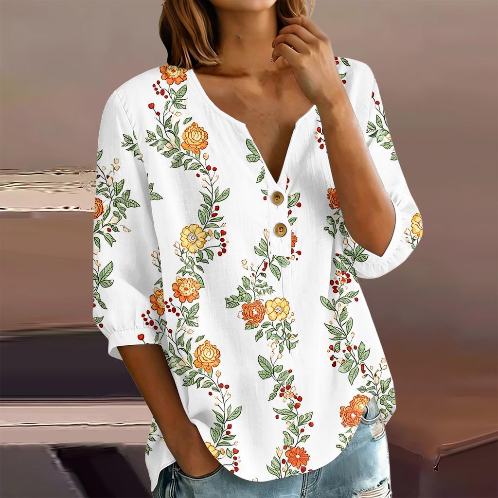Женская блузка-henley с цветочным принтом, пуговицами спереди, рукавом три четверти, из хлопка и льна, повседневная, свободного кроя