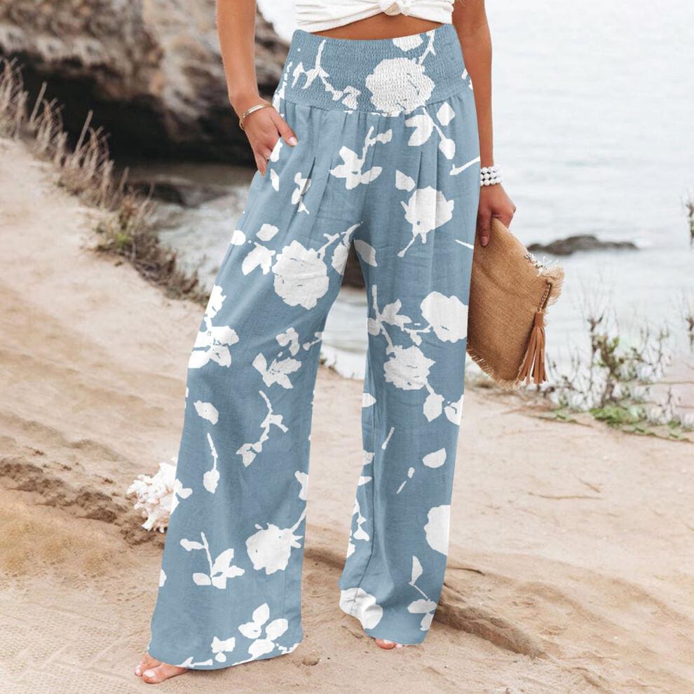 Women's High-Waisted Wide Leg Linen Trousers, Bohemian Print, Cotton Blend, Summer Beach & Festival Outfit – Blue