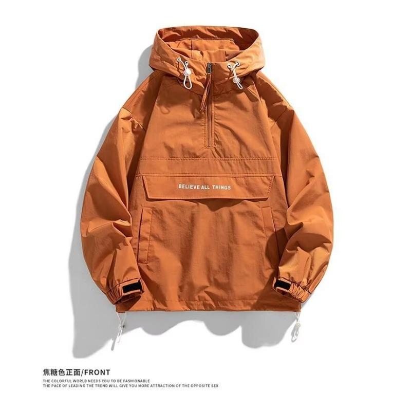 Men Hooded Half Zip Loose Workwear Jacket Spring Autumn
