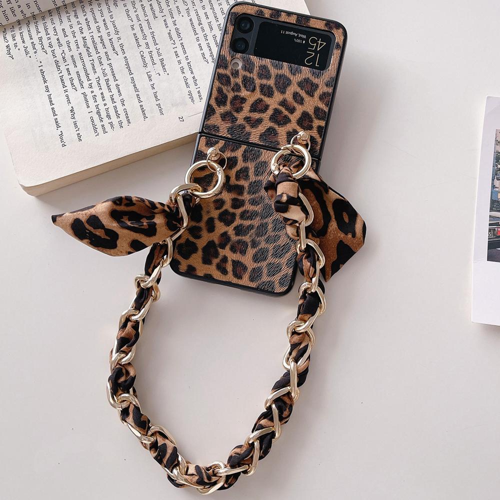 For Samsung Galaxy Z Flip 3 4 Case with Fashion Leopard Square Scarf Metal Chain Phone Case for Samsung Z Flip 3 5G Luxury Cover