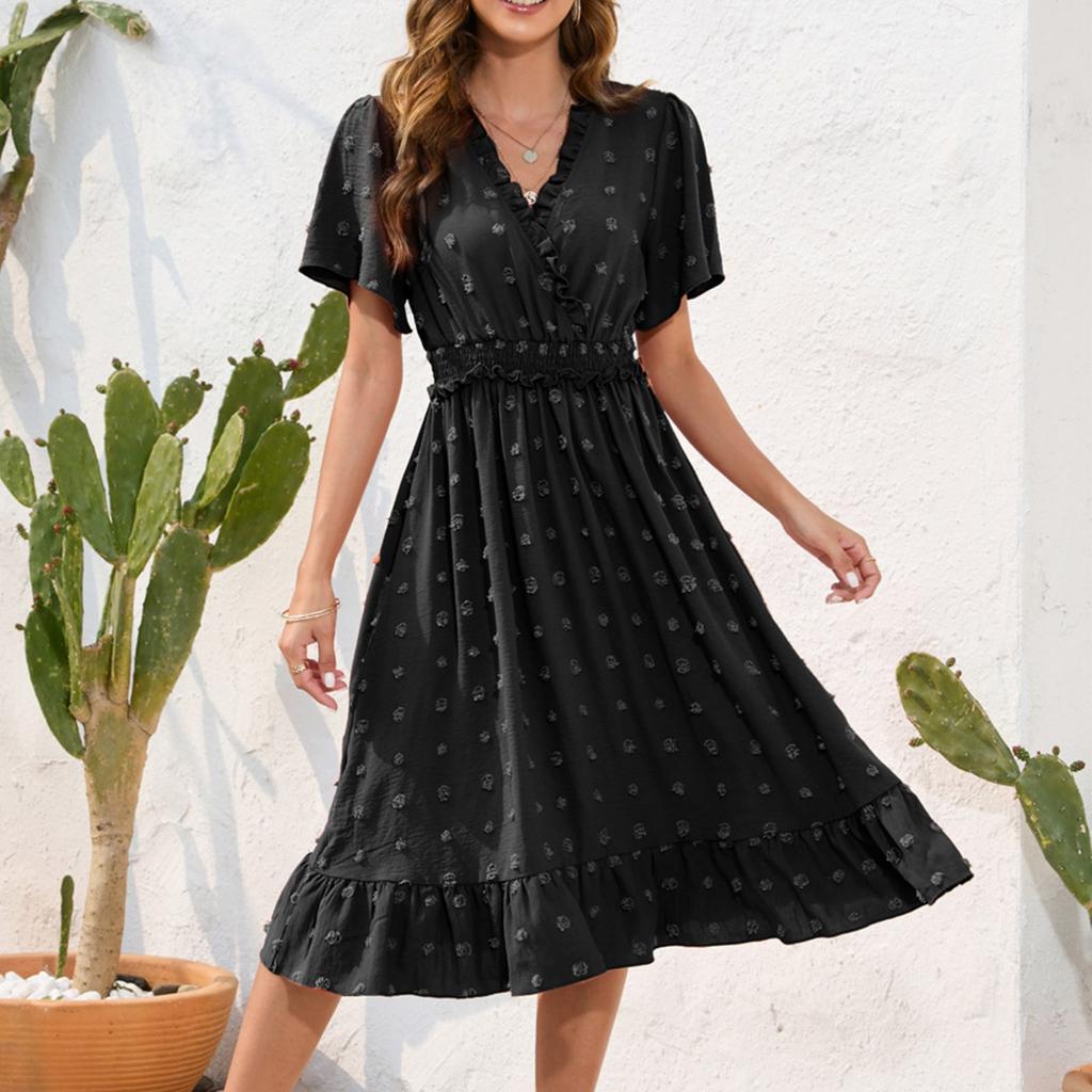 Women's Casual Polka Dot Ruffle Dress Summer V Neck Swing Dress Wedding High Waist Midi Dress Elegant Cocktail Sundress