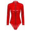 Womens Patent Leather Catsuit Long Sleeve Mock Neck Zipper Club Dancewear