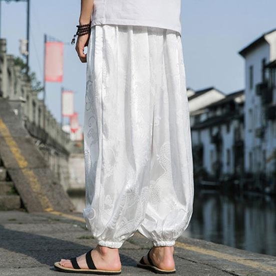 Мужские Брюки Фонарики Хиппи Бохо Широкие С Принтом Дракона Свободные С манжетой на щиколотке Мягкие Дышащие Шаровары Длинные Брюки для Йоги