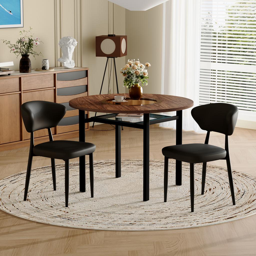 Modern minimalist round table set (2 black PU armchairs, curved backrest), 100 cm diameter table in wood look. For dining room & kitchen.