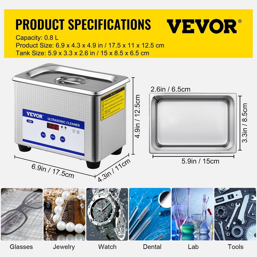 0.8L Ultrasonic Cleaners Digital Heater Timer for Cleaning Jewelry Cleaning Eyeglass 35W Stainless steel for Commercial Personal Home Use