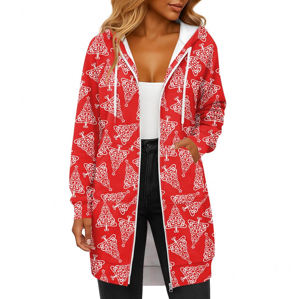 Women's Fashionable Christmas Printed Long Sleeved Drawstring Hooded Zipper Pocket Long Casual Sweatshirt Jacket