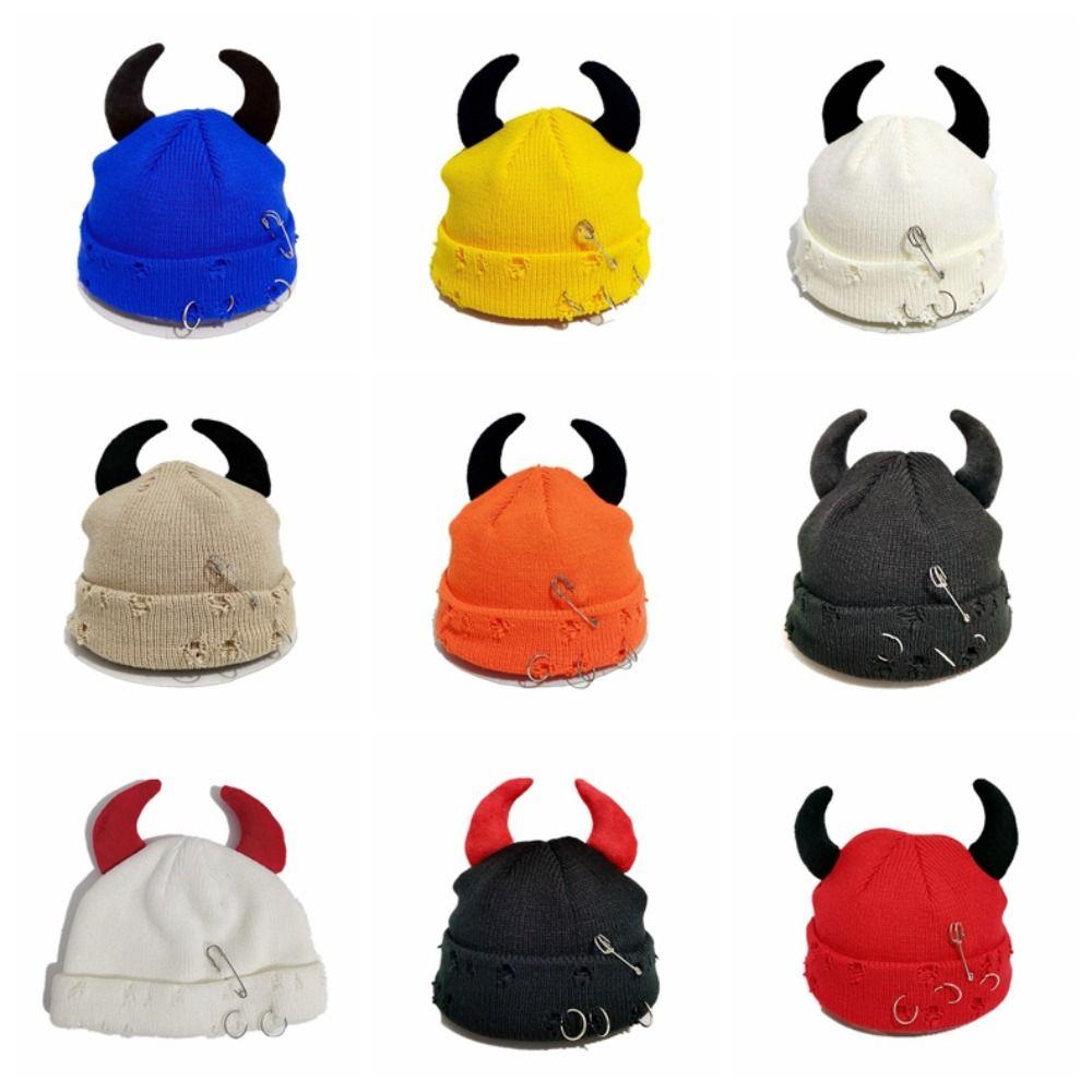 Yarn Winter Pullover Cap Solid Color Knitted Beanie Punk Devil Horns Hat Autumn/Winter