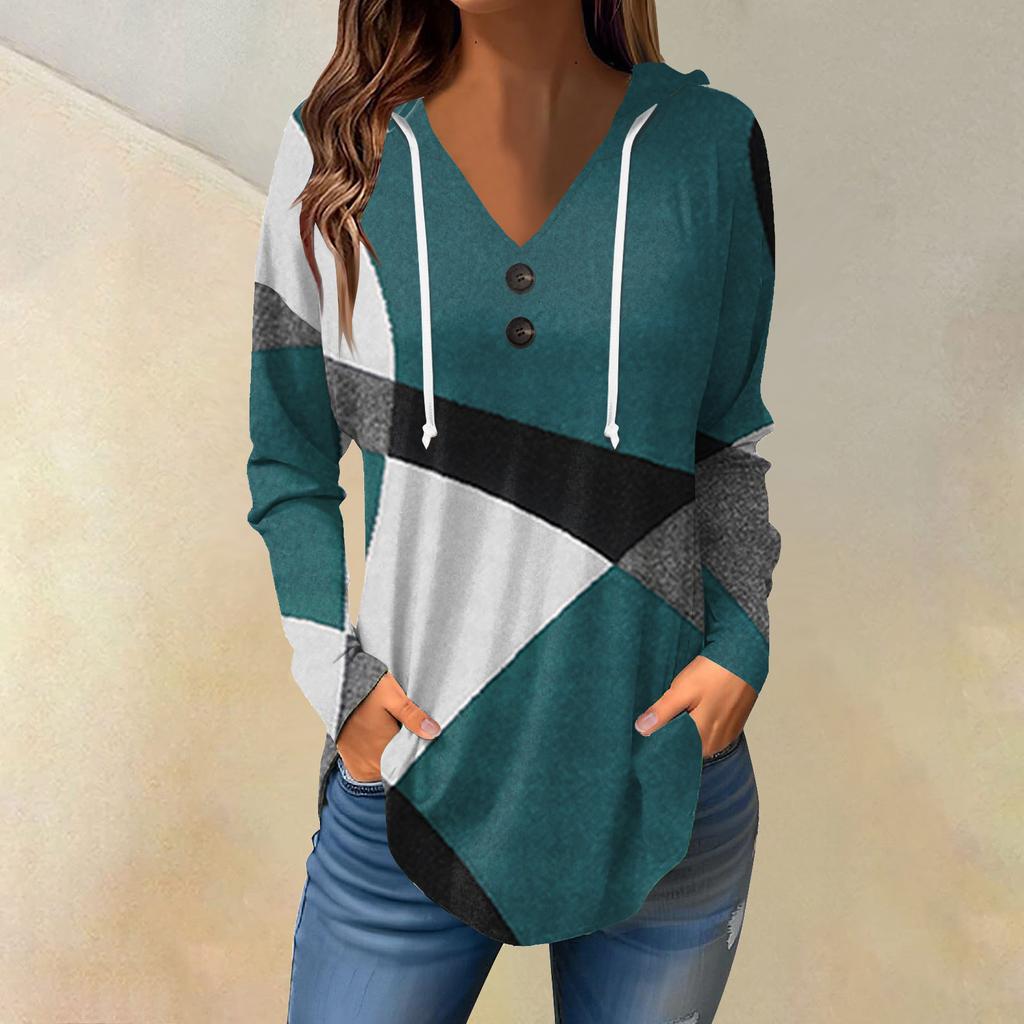 Женские повседневные модные однотонные толстовки с капюшоном на пуговицах и длинными рукавами с V-образным вырезом