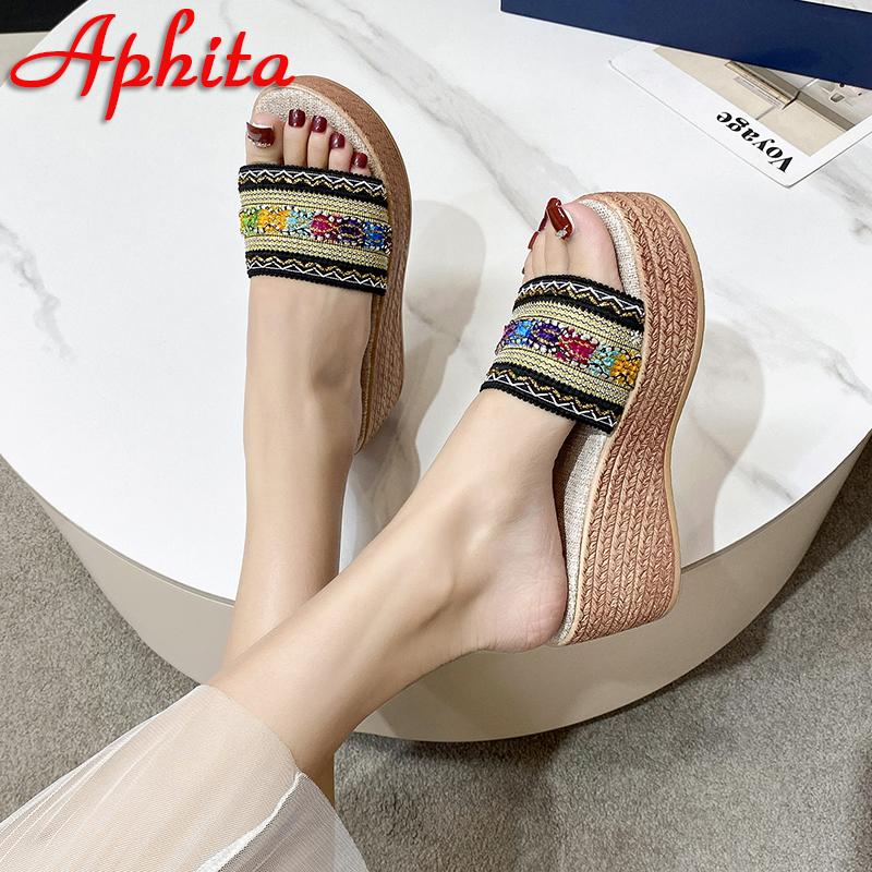 Aphixta Новые вышитые полосатые туфли на танкетке высотой 7 см, платформа, шлепанцы, женские, ретро, больших размеров 43, тапочки, уличная, сексуальная пляжная обувь