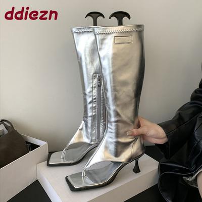 Модные серебристые женские босоножки с открытым носком, женские ботфорты до колена, обувь на тонком каблуке, модная обувь, молнии, женские босоножки на каблуке, ботинки