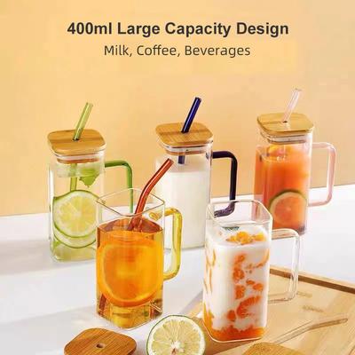 Квадратная стеклянная кружка 400 мл с крышкой и соломинкой, чашка для молока для завтрака, безопасная для микроволновой печи, прозрачная кружка для пива, кофе, посуда для напитков, стекло