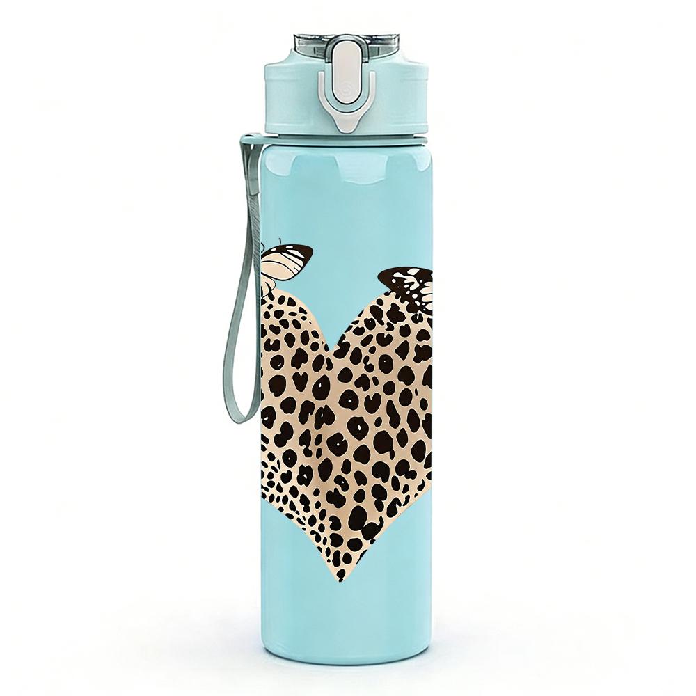 1PC Leopard Butterfly Heart Graphic,750ml Color Plastic Sports Water Bottle,Leakproof Flip Straw Lid,Suitable for Sports Office Home Use