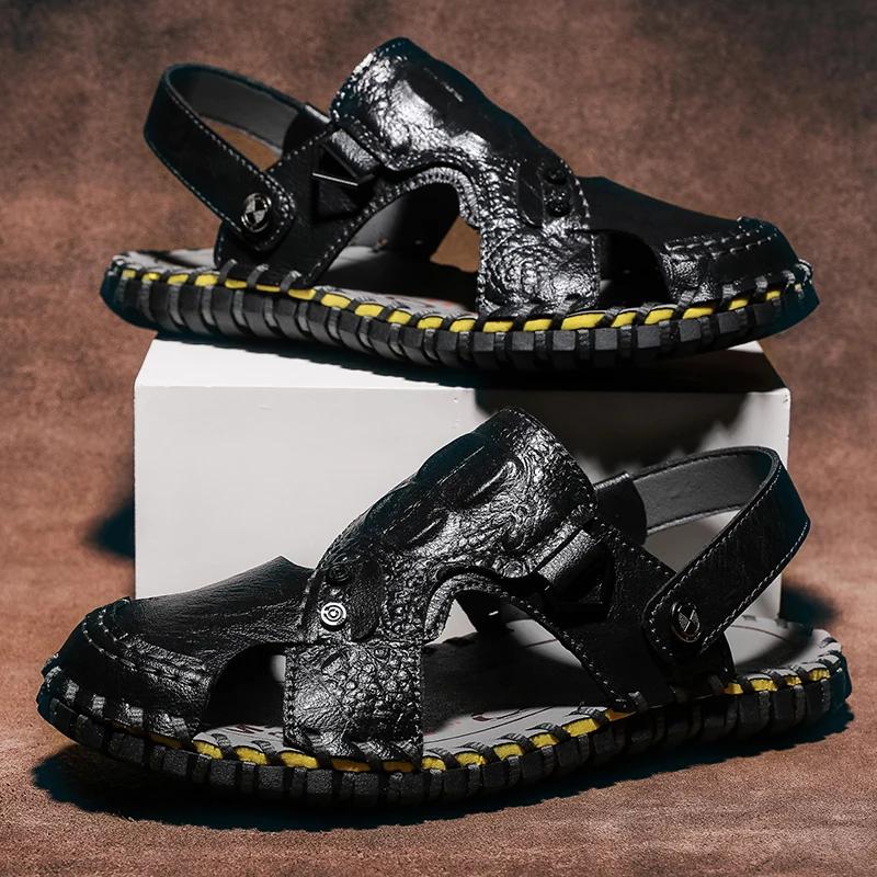 Fashion Men's Summer Sandals Handmade Genuine Leather Beach Flip Flops Men Classic Roman Male Sandals Outdoor Dual-Purpose Slippers Man