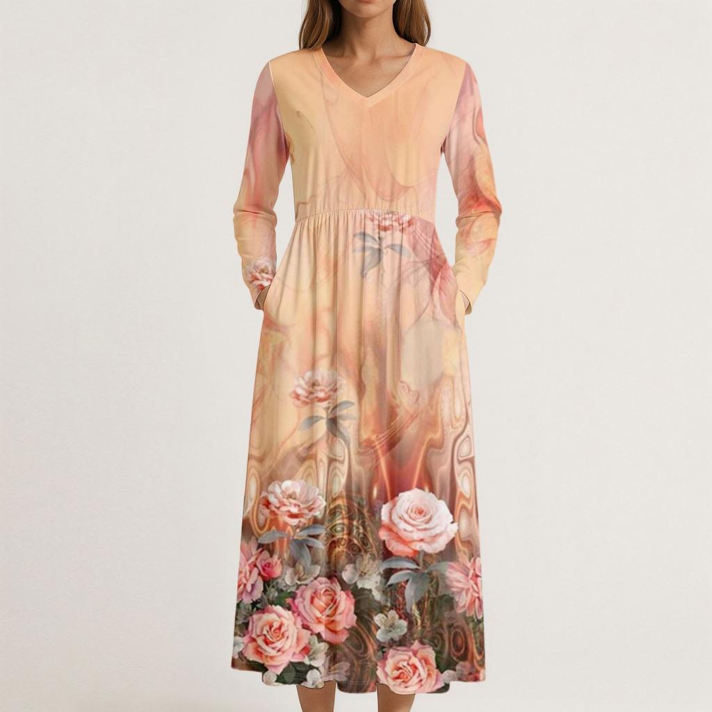 Dress For Women Long Boho Beach Dress Elegant Maxi Dress V-Neck Long Sleeve Dress With Pockets
