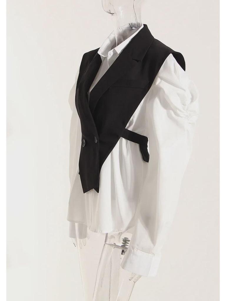 Весенний комплект из корейской тонкой белой рубашки с рукавами-фонариками и жилета на талии 2025 года