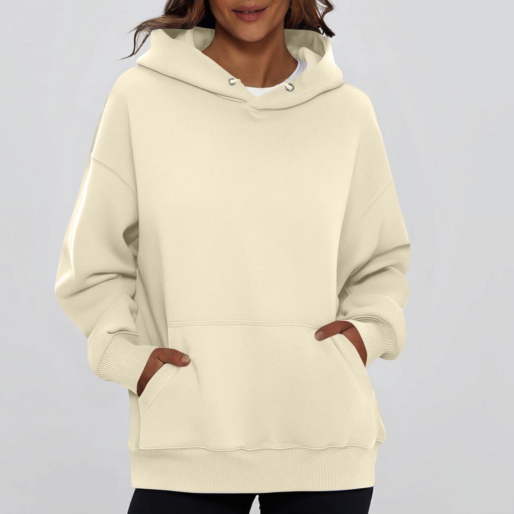 Ladies' Fashionable Solid Color Casual Hooded Pocket Long Sleeved Sweatshirt