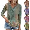 Womens 3/4 Sleeve Daily Weekend V Neck Casual Printed Tshirts Loose Fit Pleated Tees Ladies Blouse