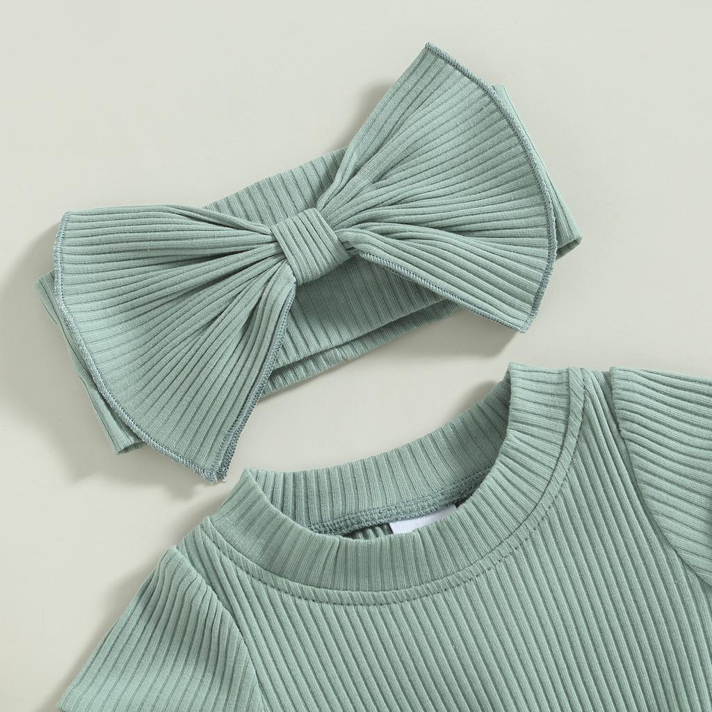 Детский комбинезон для девочек, однотонный ребристый комбинезон с короткими рукавами и бантом на голове, летние наряды