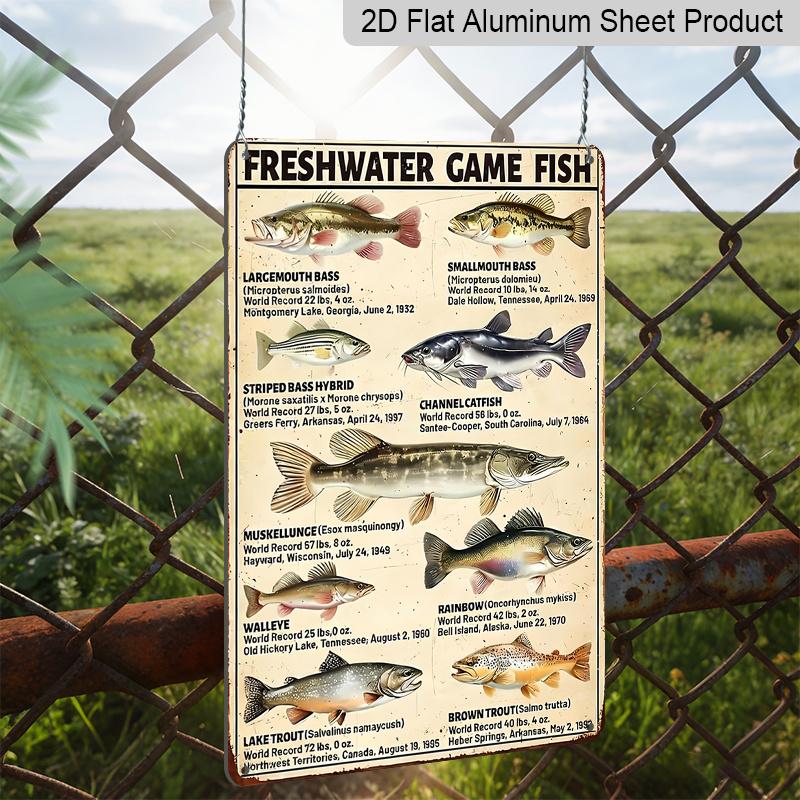 2D Flat, 1pc Fish Knowledge Vintage Aluminum Sign FreshWater Game Fish Wall Art Sign Funny Fishing Metal Decor Gifts Plaque for Man Cave Home Wall