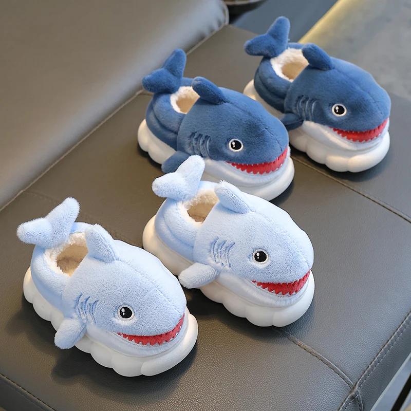 New Winter Wrap Heels Cute Cartoon Shark Cotton Slippers Children's Non-slip Soft For Kids Girls Boys Baby Warm Plush Home Shoes