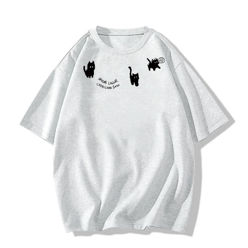 Women Oversized Casual T-Shirt, Solid White Crew Neck Short Sleeve Cute Cartoon Black Cat Silhouette & Letter Print Soft Basic Summer Top