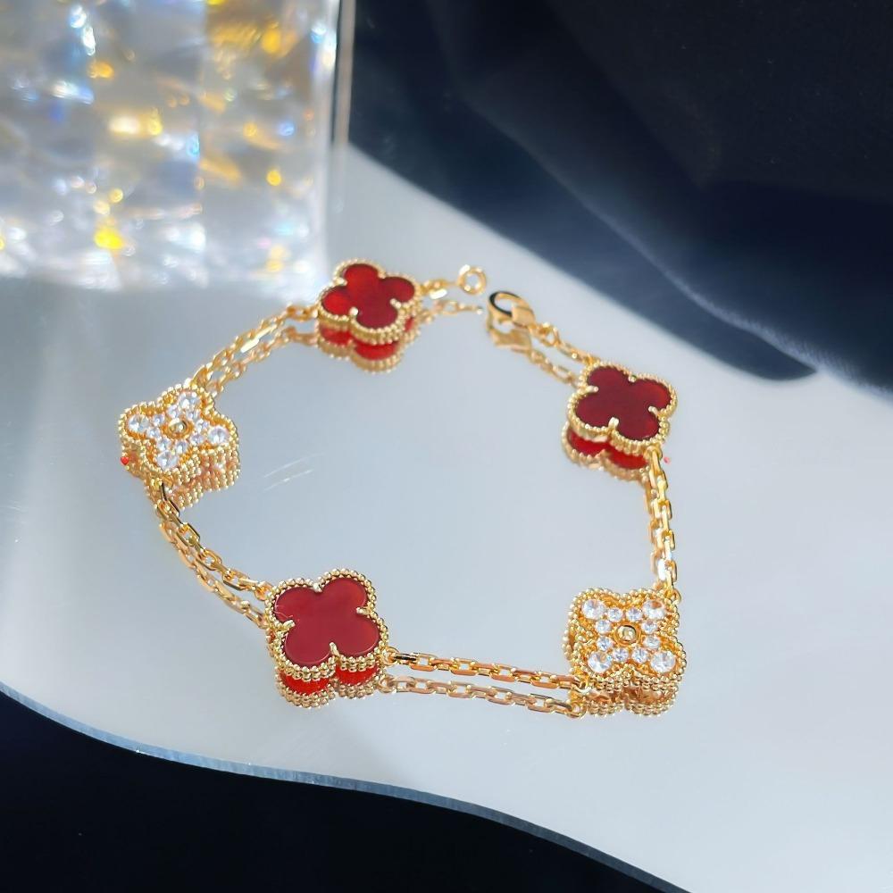 Браслет «Четырехлистный клевер» с пятью цветками, версия High, натуральный фиолетовый халцедон, лазерная CNC-резьба, 18 карат, не тускнеющий, женский браслет