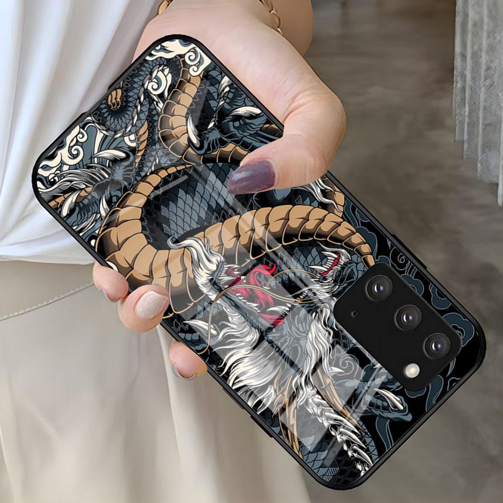 Чехол для телефона Арт Дракон для Samsung S26 S25 S24 FE S23 S22 S21 Plus S20 Ultra Note20Ultra Черная Стеклянная Крышка
