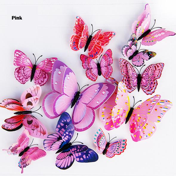New Style 12Pcs Double Layer 3D Butterfly Wall Stickers Home Room Decor Butterflies For Wedding Decoration Magnet Fridge Decals KTY