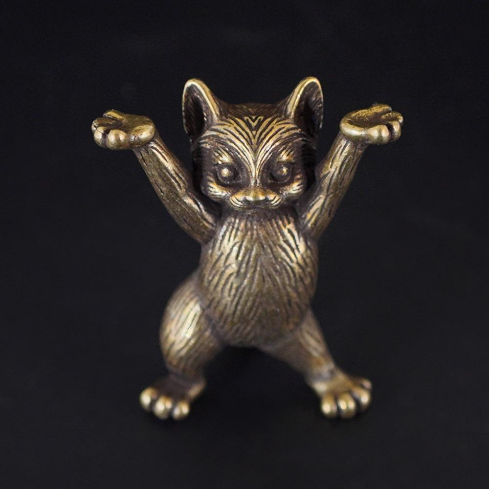Cute Brass Metal Kung Fu Cat Figurine Antique Copper Finish Decorative Cartoon Animal Miniatures Sculptures Statues Home Decor
