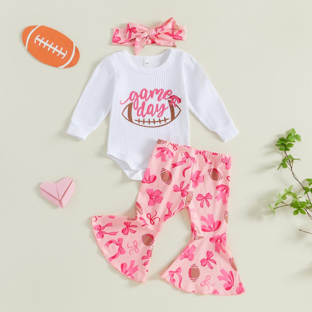 Осенний комплект одежды для девочек, комбинезон с длинными рукавами и принтом букв, расклешенные брюки регби с бантом и повязка на голову