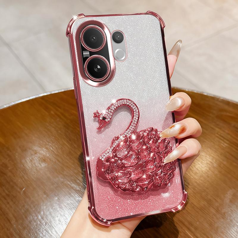 KEYSION Противоударный чехол с гальваническим покрытием для VIVO V60 5G Прозрачный Мягкий ТПУ Блестящий Инкрустированный стразами Лебедь подставка Задняя крышка для VIVO V60