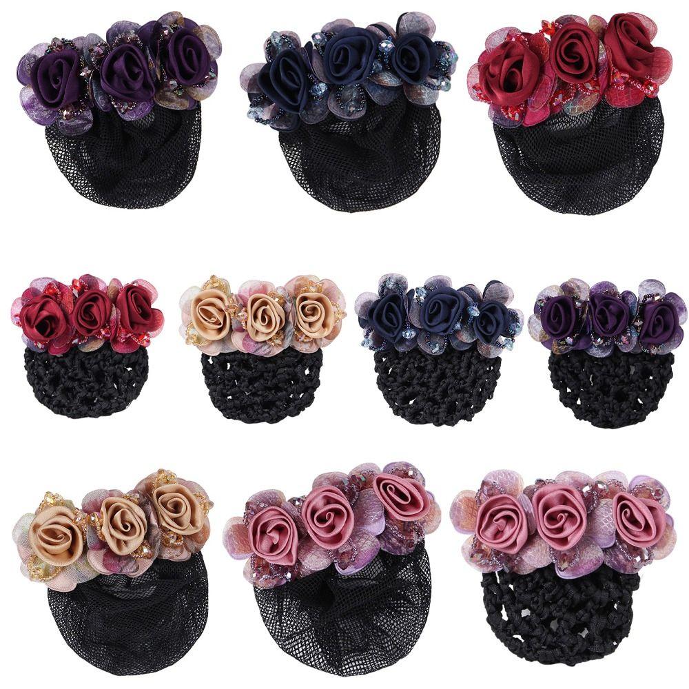 Beaded Mesh Floral For Nurses Crochet Hair Clip Spring Clip Women Bun Net Crystal Hairnet Cover Zircon Flower Bun Snood