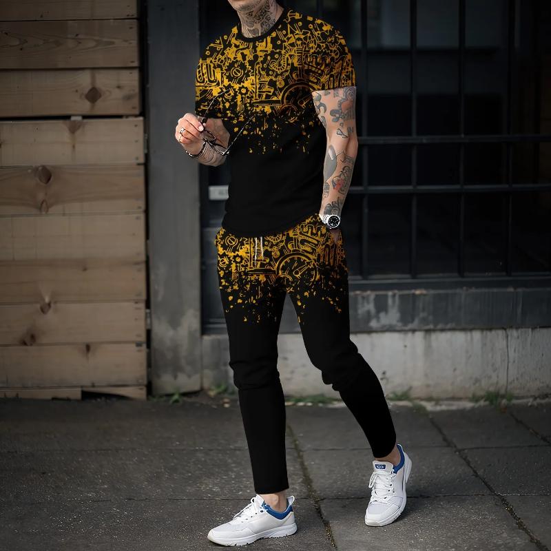 Новый летний комплект спортивной одежды, футболка с короткими рукавами, длинные брюки, комплект из 2 предметов, 3D-сращивание, повседневный и красивый дорожный комплект высокого качества