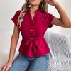 Spring Summer Women's Casual Solid Colour Button Drawstring Short Sleeve Shirt