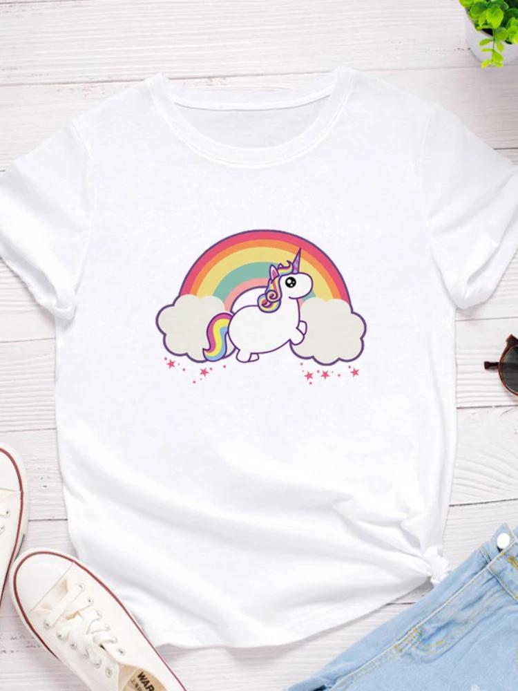 Радужный Единорог Принт Женская Футболка Короткий Рукав O Шея Свободная Женская Футболка Женская Футболка Топы Одежда Camisetas Mujer