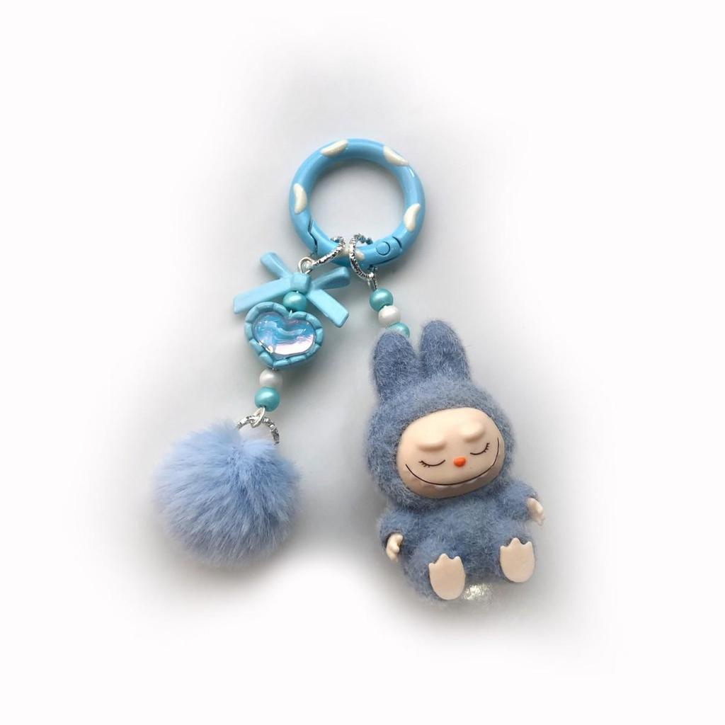 Flocked Labu Labubu Mini Keychain: Cute Grain Stroller Bag & Phone Pendant Ornament