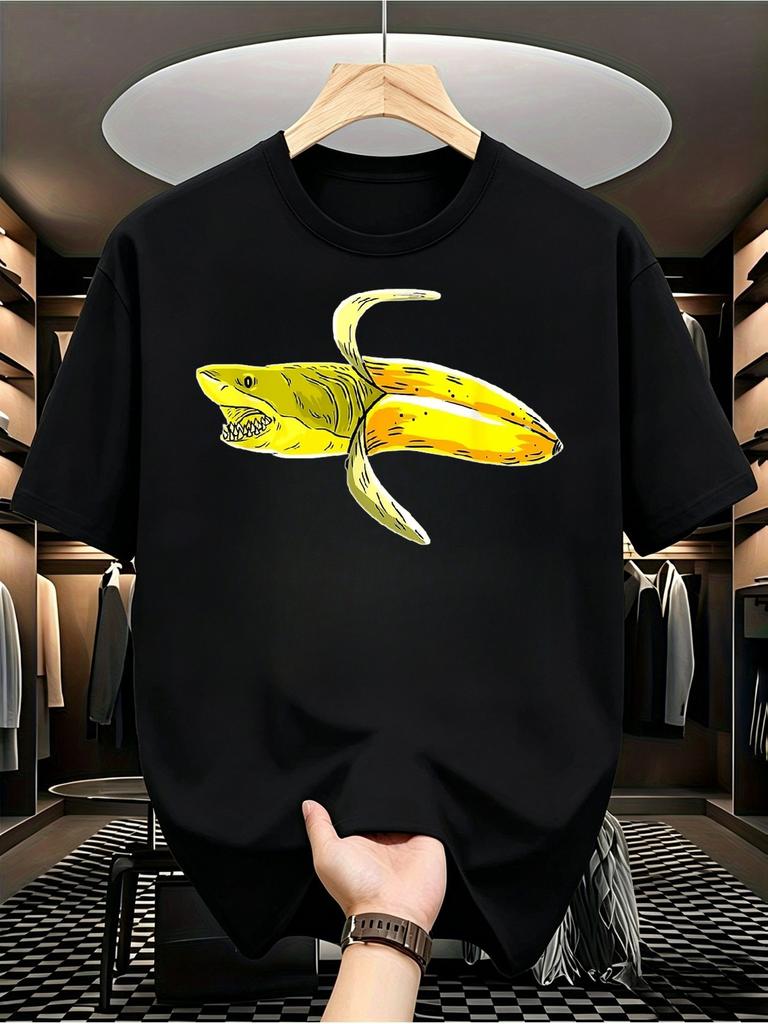 1pc Men'S Graphic T-Shirt Funny Banana Shark Novelty Print Short Sleeve Crew Neck
